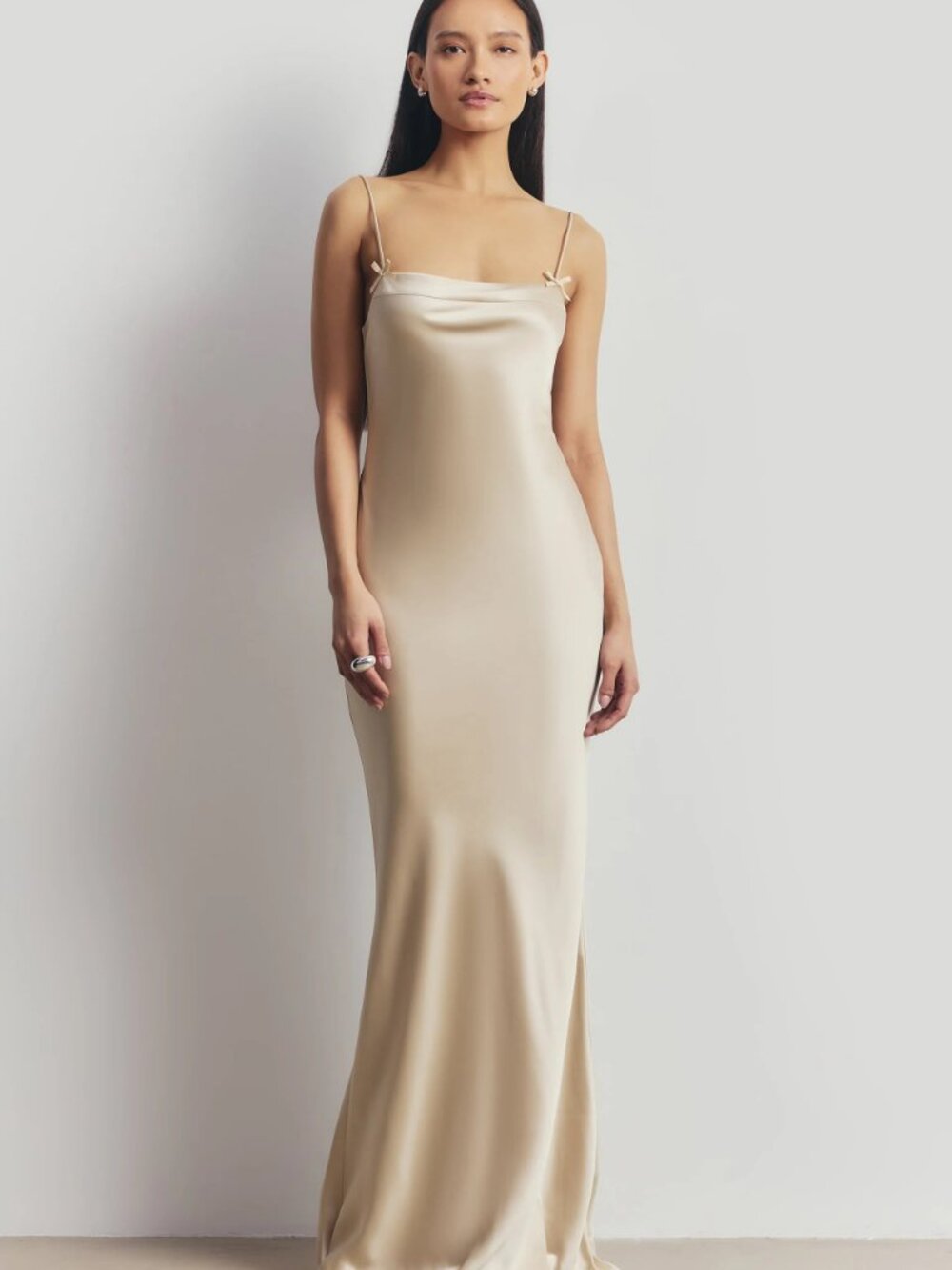 Stunning champagne satin maxi dress by Because of Alice, size Small